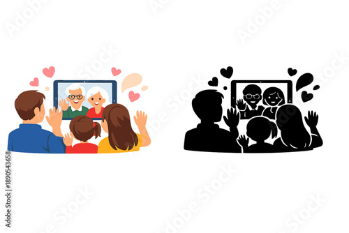 Family members waving goodbye to grandparents on a video call while showing signs of affection and connection from different locations
