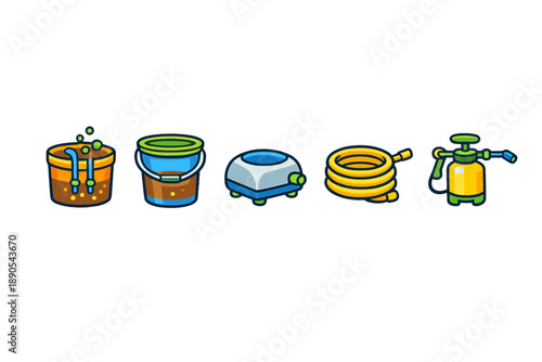 Various gardening tools and equipment for outdoor planting and watering in a backyard or garden setting during the daytime