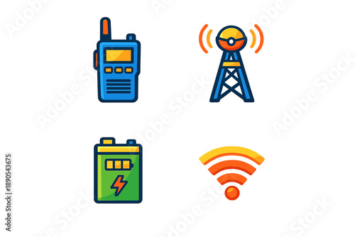 Different types of communication devices and signals used in technology and telecommunications presented in a simple format