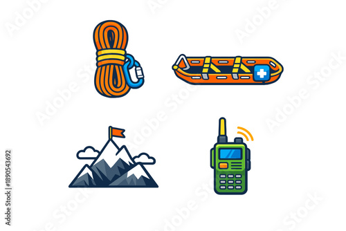 Equipment for climbing and rescue operations displayed together showing ropes, stretcher, radio, and mountain scenery with flag