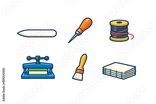Craft tools on a plain background showing a sewing needle, thread spool, awl, printing press, brush, and stacks of paper used in various crafts