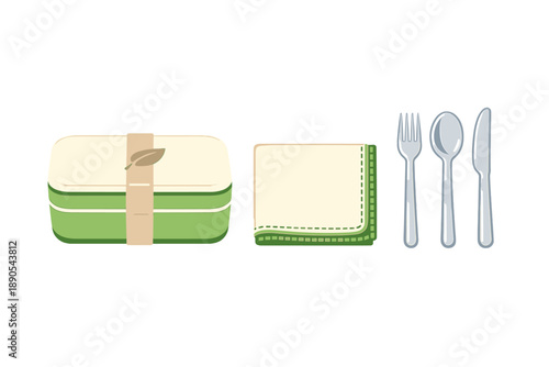 Lunch box and utensils with napkin on a clean surface ready for meal preparation and packing for the day ahead