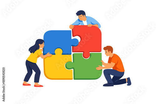 People work together to connect colorful puzzle pieces in a team-building activity in a bright space during daytime