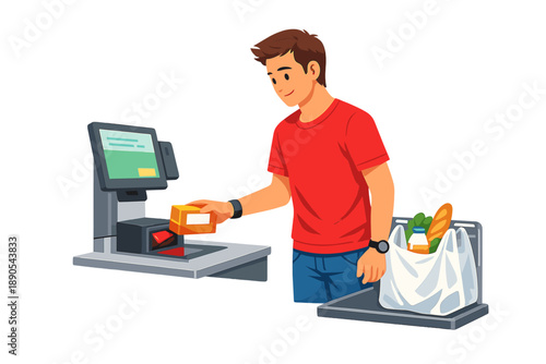 Young man scans groceries at self-checkout station in a store during daytime