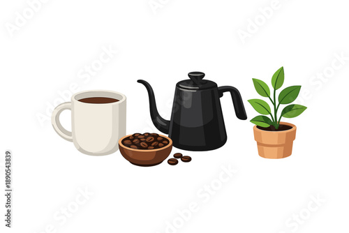 Brewed coffee setup with a white cup, black kettle, coffee beans, and a small plant on a simple background