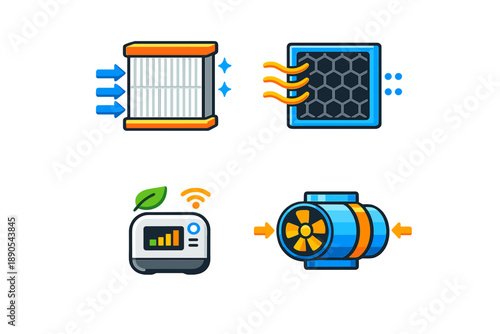 Images show different parts of an air purification system including a filter, a fan, a control panel and an air flow graphic for better understanding of the process