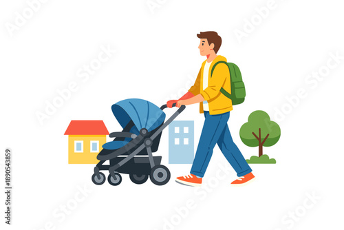 Man walks with stroller on a city street during daytime near colorful houses and trees