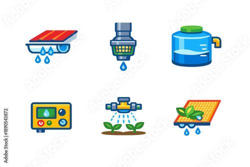 Water management tools are shown in a collection of icons representing irrigation and water collection systems used in agriculture and gardening