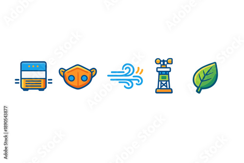 Different elements showing air quality, including a fan, a mask, wind, a tower, and a leaf, used to symbolize environmental awareness and health