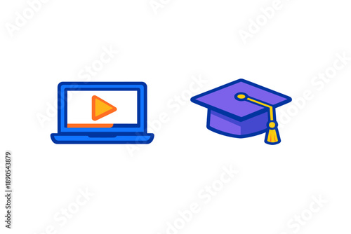 Online learning platform shows a laptop screen with a play button next to a graduation cap during education