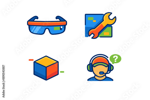 Various icons showing virtual reality tools and support systems used in technology and gaming environments for professionals during work or training