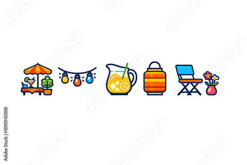 Summer gathering with drinks and decorations in a backyard setting during the day with outdoor furniture and vibrant elements