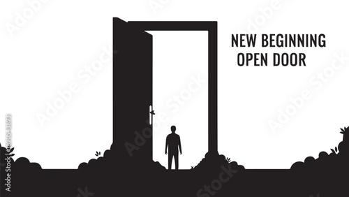 Symbolic Image of New Beginnings with Open Door and Person Silhouette.