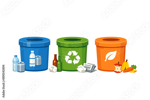 Colorful recycling bins for sorting waste located in an outdoor area during daylight hours