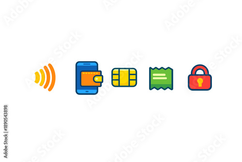 Various symbols representing online payments and mobile banking in a digital format showing key elements of modern finance