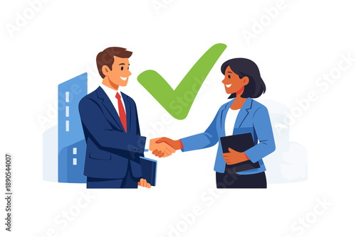 Business people shake hands and show agreement in a modern office setting during daytime with buildings in the background