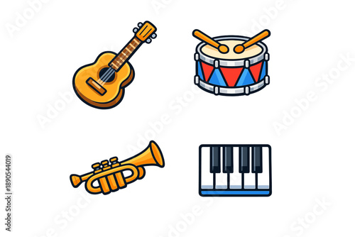 Different musical instruments shown together including a guitar, drums, trumpet, and piano on a plain background