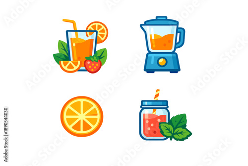Colorful drink icons showing a glass of juice with fruit, a blender, fresh orange slice, and a jar with a drink, all together in one design for summer refreshment ideas
