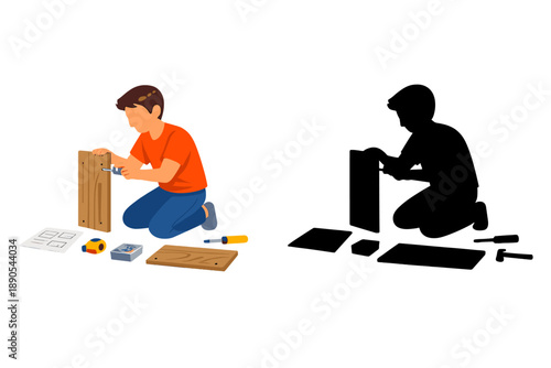 Young person works on a wood project at home using tools and following instructions with a focus on assembly and creation during the day