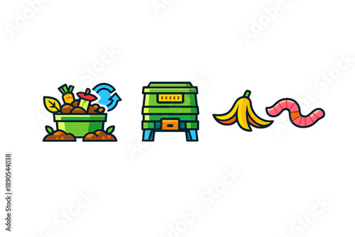 Project showing composting process with organic waste, compost bin, and results like bananas and worms to illustrate recycling nature