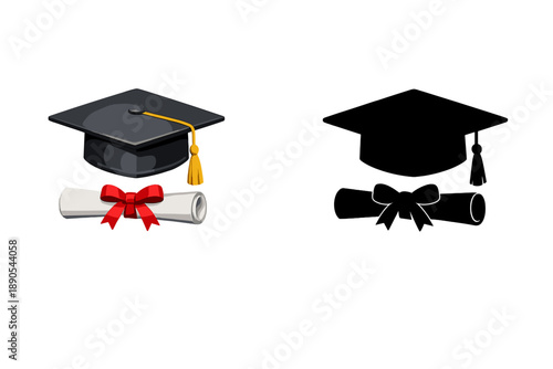 Graduation caps and diplomas displayed side by side in different colors on a plain background highlighting academic achievements and celebrations