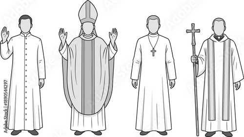 Stylized illustration of four Christian clerics in cassock, chasuble, robe, and processional vestments for religious, educational, and ceremonial design themes