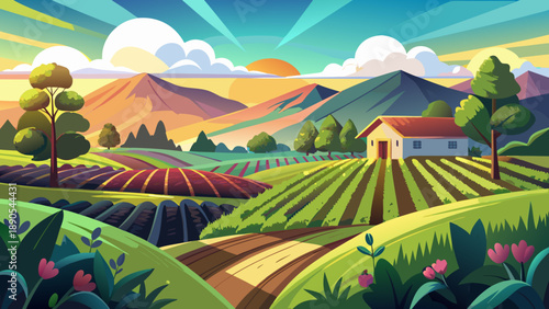 Very beautiful peaceful agricultural land with emerging crops under soft natural light, representing harmony between nature, farming, and rural life.