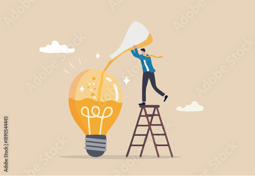 Perfectionist, too much attention to details, high standard goal, focus on perfect result concept, perfectionist businessman with magnifying glass looking at every details of lightbulb idea.