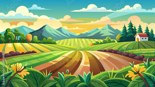 Very beautiful peaceful agricultural land with emerging crops under soft natural light, representing harmony between nature, farming, and rural life.