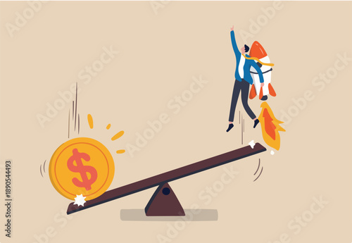 Economic stimulus money, central bank inject money to boost business and recover from Coronavirus COVID-19 crisis, big money dollar coin fall on seesaw to boost other side businessman with rocket.