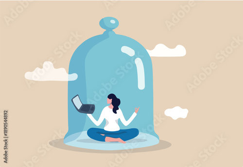 Introvert working space, privacy to work individual, employee work productively when working alone concept, introvert disconnected woman working alone with computer laptop covered inside glass dome.