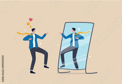 Self acceptance, love and respect yourself, key to success, confidence and positive thinking, attitude or mindset for leader concept, confidence businessman appreciate his self reflection on mirror.