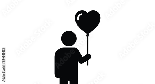 A stick figure holds a single black heart-shaped balloon.