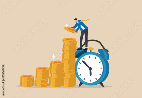 Long term investing or savings for retirement fund, compound interest or investment growth, tax time reminder concept, businessman on alarm clock put more dollar coin money to increase his savings.