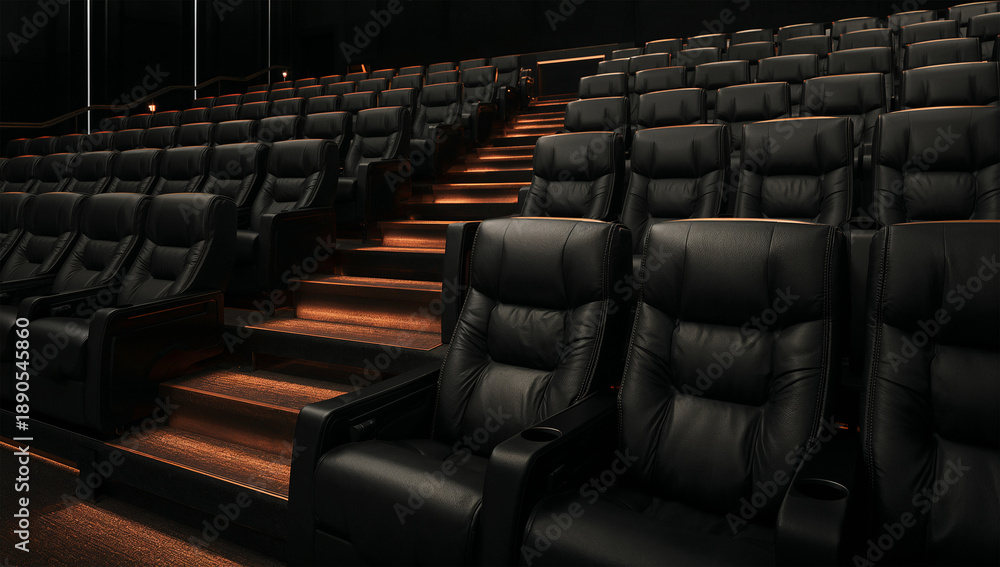Obraz premium VIP仕様の黒レザー席が並ぶハイエンドシアターの中央通路
