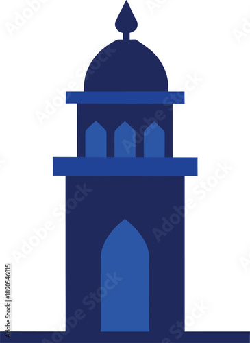 Blue Islamic minaret icon with dome arched doorway and finial illustration