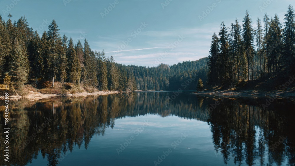 Obraz premium Reflections on a serene lake surrounded by forest