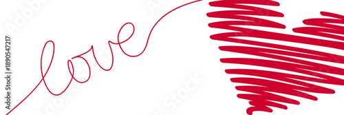 Valentine's Day love banner, hand drawn heart lettering LOVE, pink doodle hearts invitation concept isolated on white background. Valentines Day greeting poster template, vector romantic illustration.