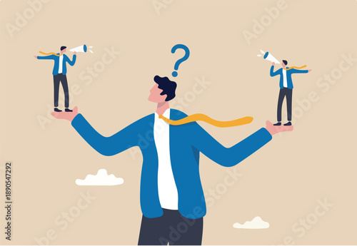 Dilemma or moral conflict, disagreement or argument for business direction, decision problem or question, choosing choice, alternative or solution concept, confused businessman choosing directions.
