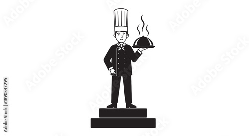 Chef in uniform holding steaming dish on podium black and white illustration symbolizing culinary excellence and achievement in cooking profession