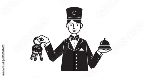 Hotel bellhop holding keys and serving dish black and white illustration formal uniform hospitality service