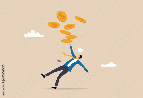 Financial mistake losing money, investment risk or trading failure, debt and loan, cost and expense problem concept, clumsy businessman investor fall on slippery floor losing all money dollar coins.