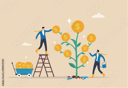Investment growth, wealth management or savings to gain interest, passive income or harvest profit or dividend, earning money or prosperity concept, businessman help grow money and harvesting profit.