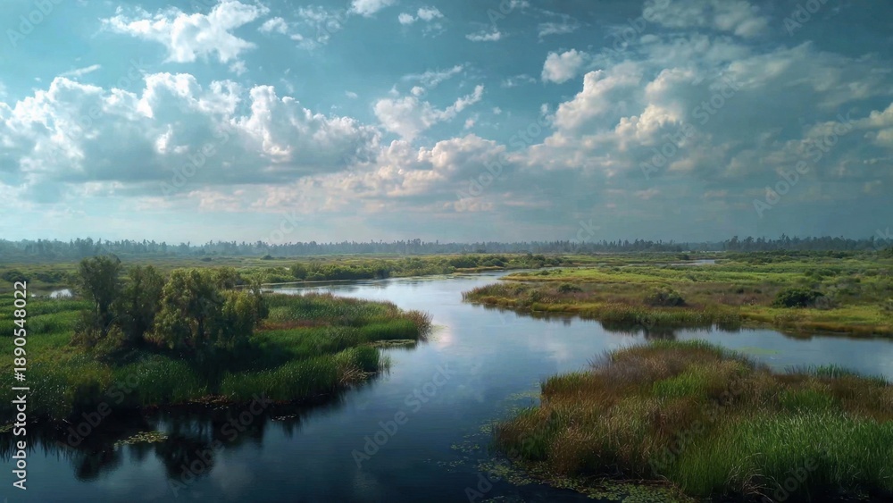 Fototapeta premium Serene Marsh Landscape Under Cloudy Sky