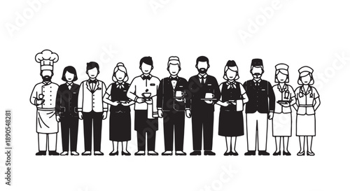 Diverse group of hospitality staff standing together in uniform smiling and holding trays in a clean black and white illustration