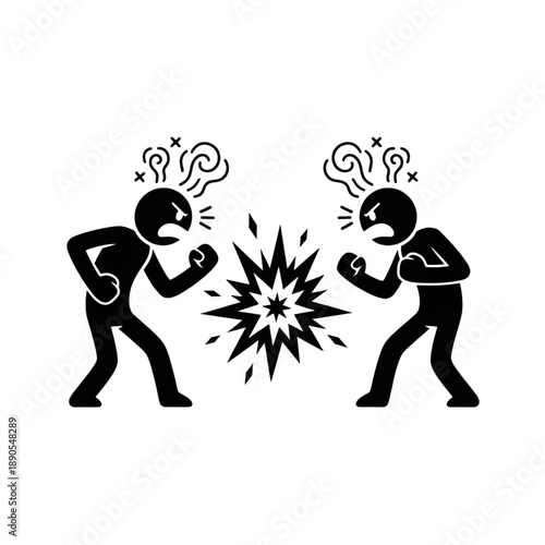Two Angry Men Fighting Silhouette - Aggressive Conflict Argument and Physical Altercation Vector Illustration