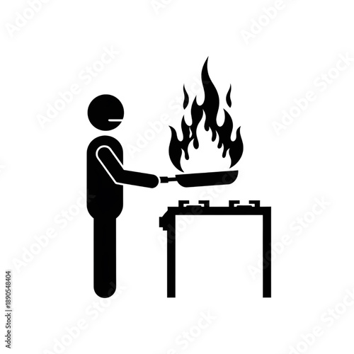 Professional Chef Cooking with Flaming Pan Silhouette - Restaurant Kitchen Culinary Skills and Fire Flambé Vector Illustration
