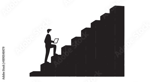 Man in suit climbing stairs of server cabinets with laptop ascending to success in data center technology and progress