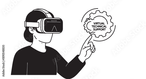 Woman wearing vr headset receiving virtual technical support with gear icon