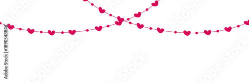 Valentine hearts garland banner template, pink heart string top border on white background with copy space. Valentine Day holiday decoration vector for greeting cards, web headers, posters, banners.